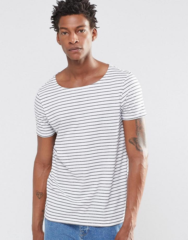 Asos T-shirt With Mini Irregular Stipe In Boat Neck - White