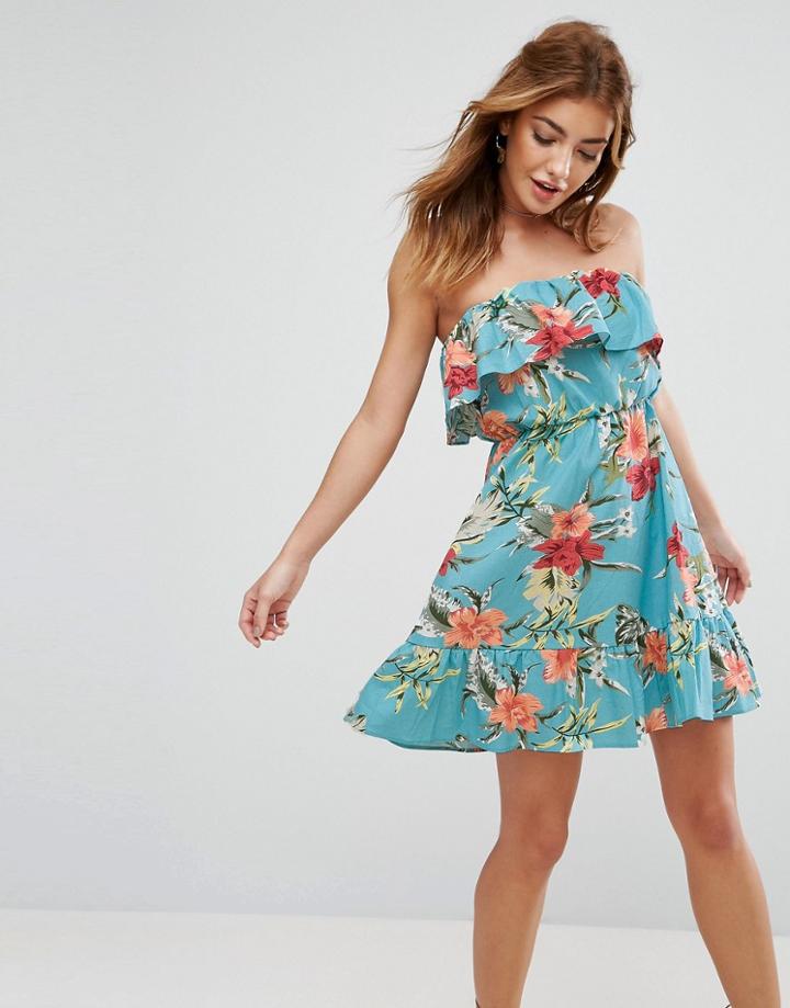Asos Bandeau Mini Sundress With Frill Detail In Tropical Linen - Multi