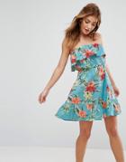 Asos Bandeau Mini Sundress With Frill Detail In Tropical Linen - Multi