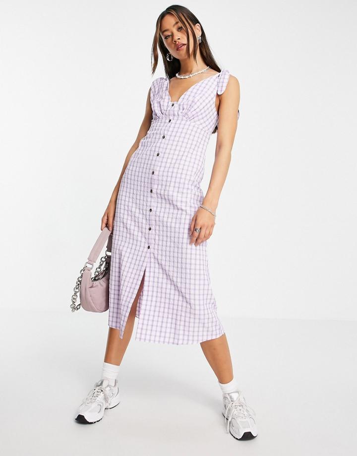 Topshop Button Through Tie Shoulder Midi Dress In Lilac Check-purple