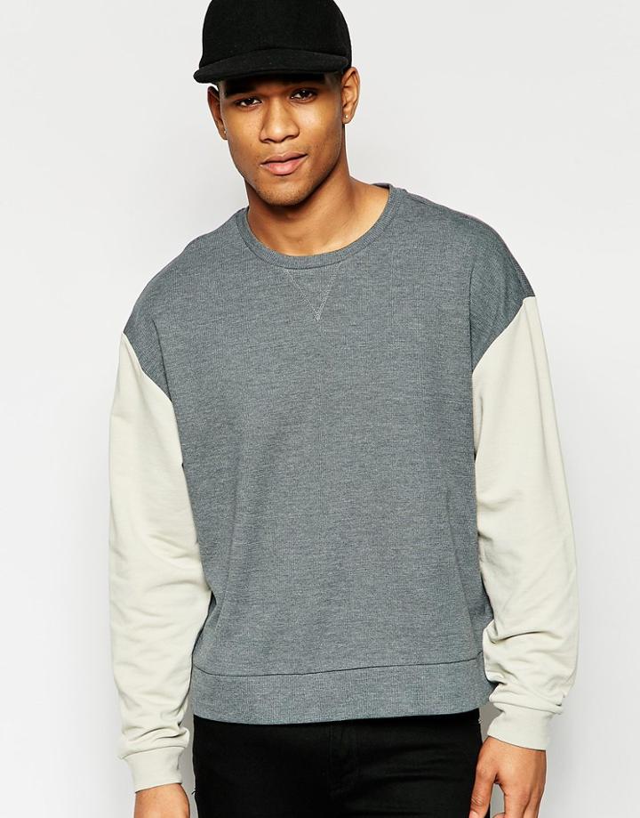 Asos Oversized Waffle Sweatshirt With Contrast Sleeves - Gray Marl