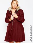 Asos Curve Skater Coat With Faux Fur Hood - Berry