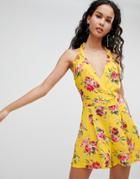 Parisian Floral Romper With Halter Neck - Yellow