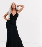 Club L London Petite Plunge Front Strappy Back Maxi Dress In Black