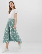 Asos Design Pleated Midi Skirt In Brush Stroke Print - Green