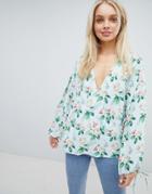 Asos Design Oversize Wrap Long Sleeve Top In Floral Print-multi