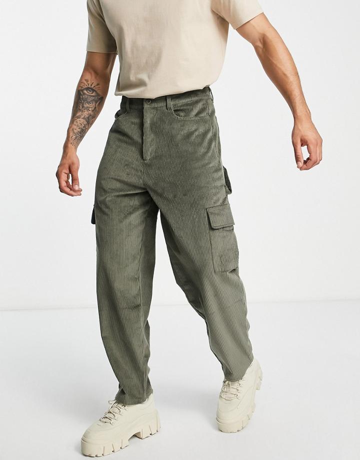 Asos Design Carpenter Wide Leg Pants In Khaki Cord-green