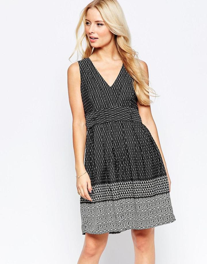 Yumi Border Print Dress With Contrast Belt - Black
