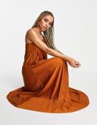 Asos Design One Shoulder Scrunch Elastic Pleated Maxi Dress In Rust-brown