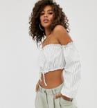 Asos Design Tall Bardot Top With Blouson Sleeve In Clean Stripe-white