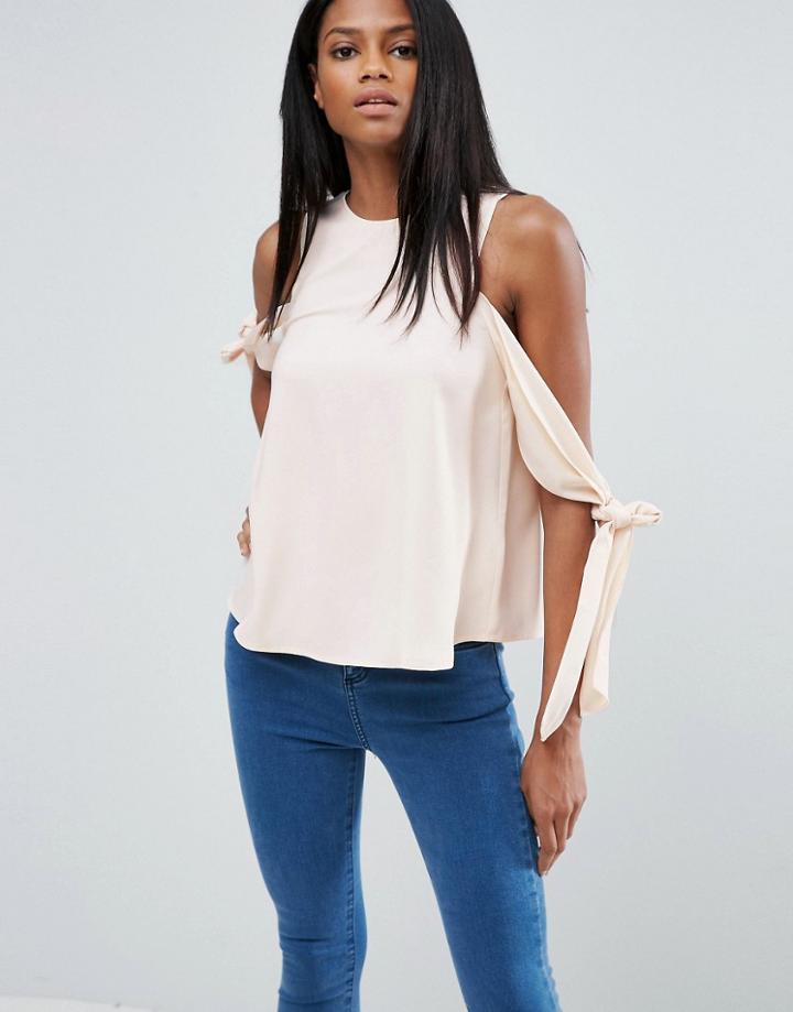 Asos Cold Shoulder Top With Tie Sleeve - Pink