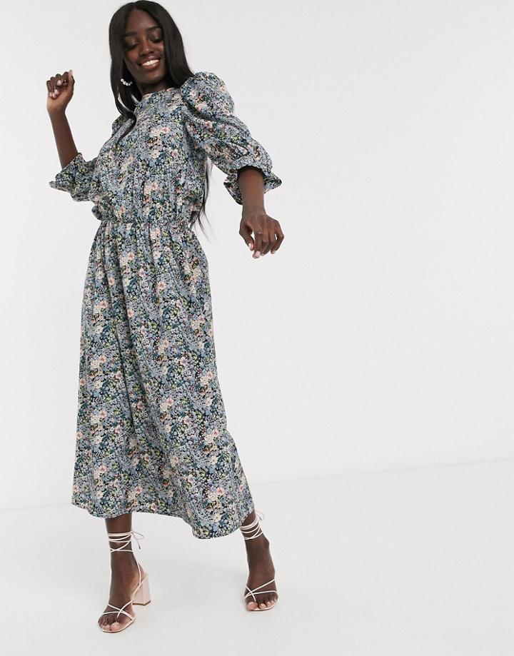 Never Fully Dressed Midaxi Skater Dress With Baloon Sleeve Detail In Blue Floral Print-multi