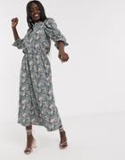 Never Fully Dressed Midaxi Skater Dress With Baloon Sleeve Detail In Blue Floral Print-multi