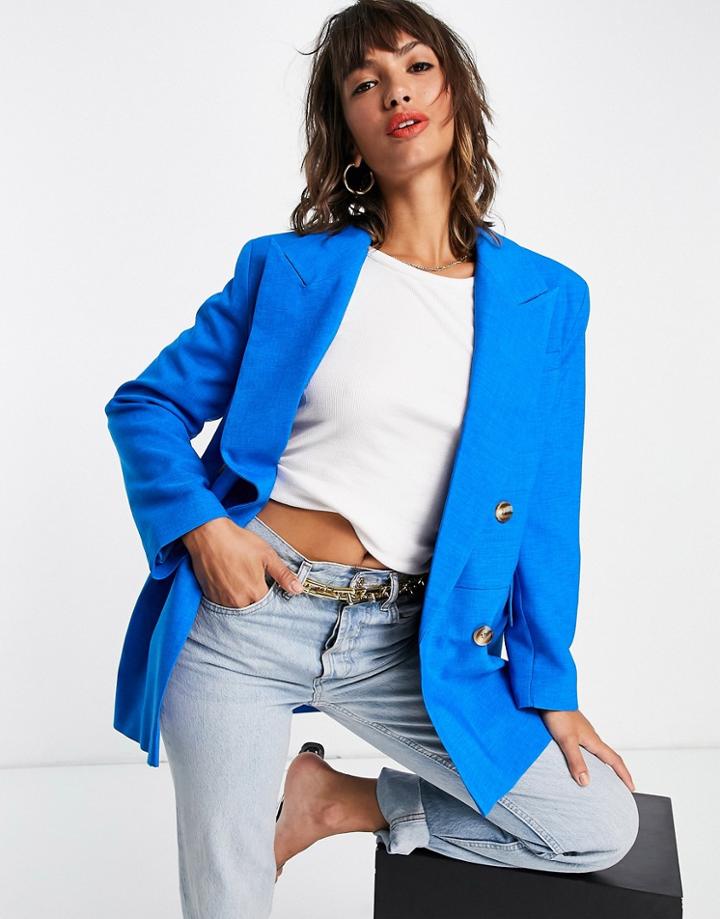 Topshop Double Breasted Bold Shoulder Blazer In Bright Blue-blues