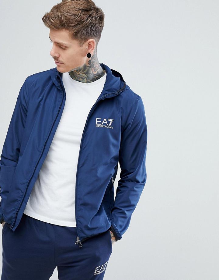 Ea7 Nylon Windbreaker Hooded Zip Through Jacket In Navy - Navy