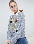 Wild Flower Sweater With Pom Pom And Floral Embroidery - Navy