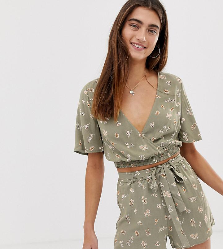 Pull & Bear Pacific Wrap Top Two-piece In Green Floral Print - Green