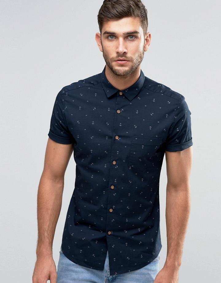 Asos Short Sleeve Anchor Print Shirt In Skinny Fit - Navy