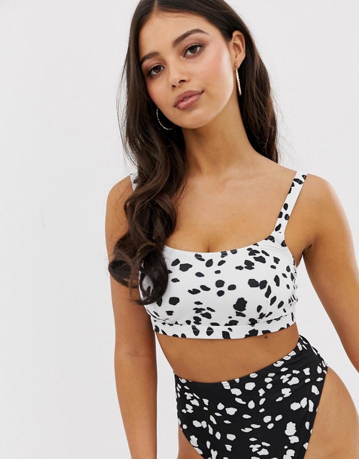 Asos Design Fuller Bust Recycled Mix And Match Strappy Back Crop Bikini Top In White Dalmatian Print Dd-g-multi