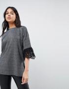 Asos T-shirt In Metallic With Lace Trim-silver