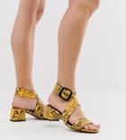 Asos Design Wide Fit Hip Hop Heeled Sandals In Yellow Snake-multi