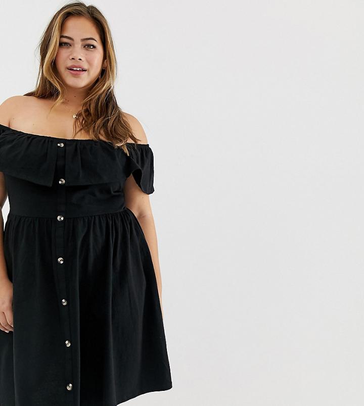 Asos Design Curve Mini Button Through Sundress With Tiered Skirt - Black