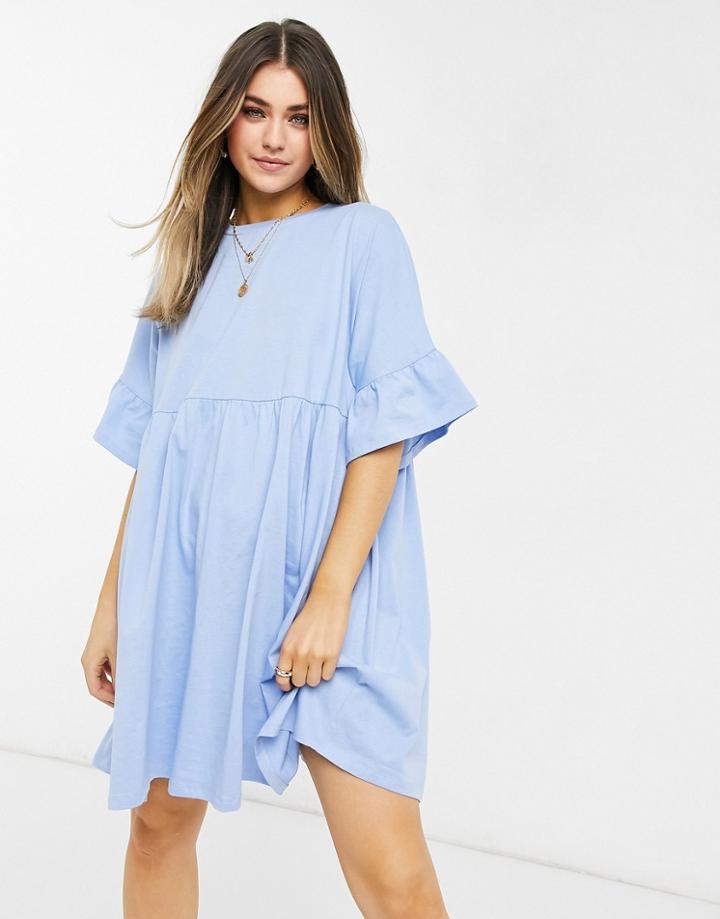 Asos Design Super Oversized Ruffle-sleeve Smock Dress In Chambray Blue