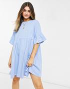 Asos Design Super Oversized Ruffle-sleeve Smock Dress In Chambray Blue