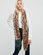Urbancode Faux Fur Leopard Skinny Scarf With Contrast Tail - Brown