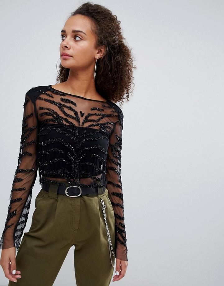 Bershka Tiger Embellished Mesh Top - Black