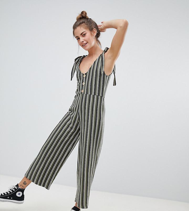 Pull & Bear Tie Strap Jumpsuit In Stripe Print-green