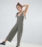 Pull & Bear Tie Strap Jumpsuit In Stripe Print-green