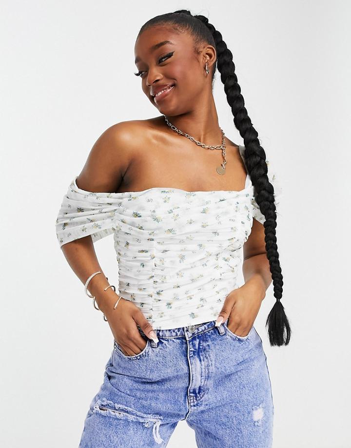 Missguided Mesh Bardot Crop Top In White Floral