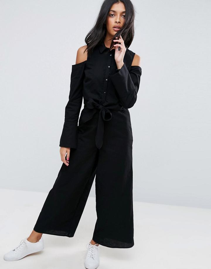 Asos Shirt Jumpsuit With Tie Front Detail And Cold Shoulder - Black