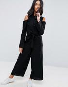 Asos Shirt Jumpsuit With Tie Front Detail And Cold Shoulder - Black