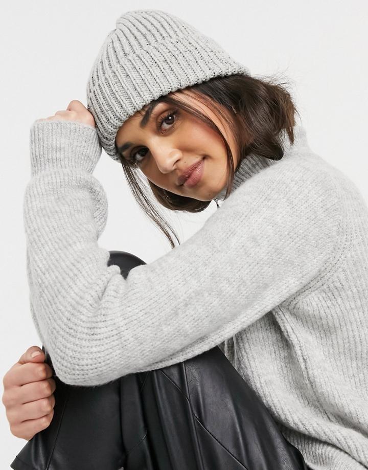 Asos Design Chunky Neppy Beanie With Deep Turn Up In Gray-grey