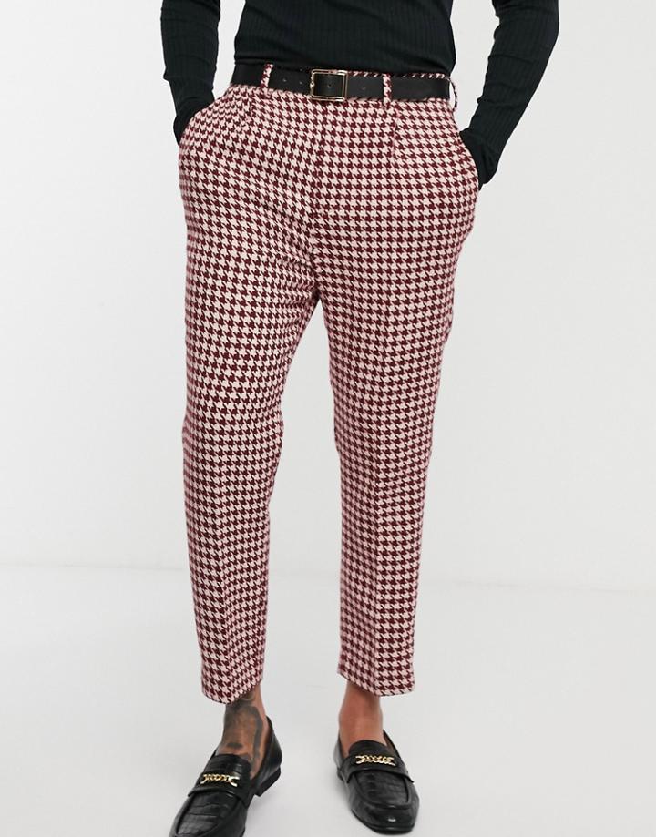 Asos Design Wedding Tapered Suit Pants With Large Houndstooth In Burgundy Wool Blend - Red