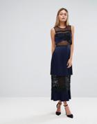 Three Floor Double Tiered Midi Dress With Lace Inserts - Navy