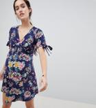 Asos Design Maternity Mini Button Through Tea Dress With Tie Sleeve In Floral Print - Multi