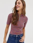 Asos Design Crop Top In Bright Stripe With Zip Neck - Multi
