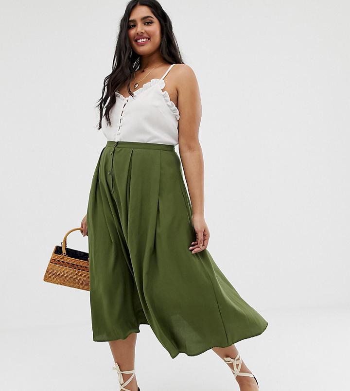 Asos Design Curve Button Front Floaty Midi Skirt - Green