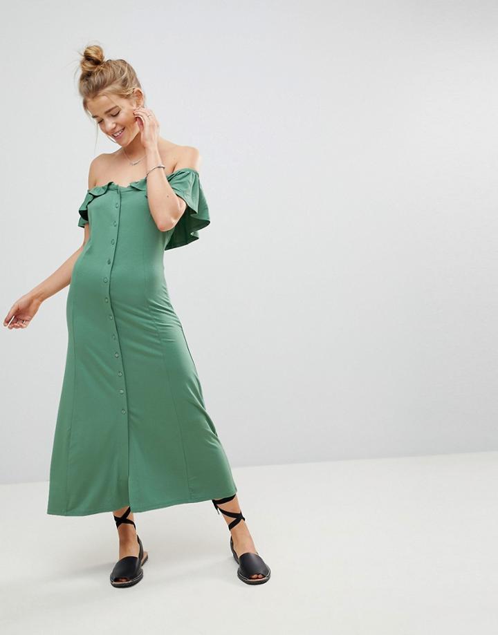 Asos Off Shoulder Button Through Midi Sundress - Green