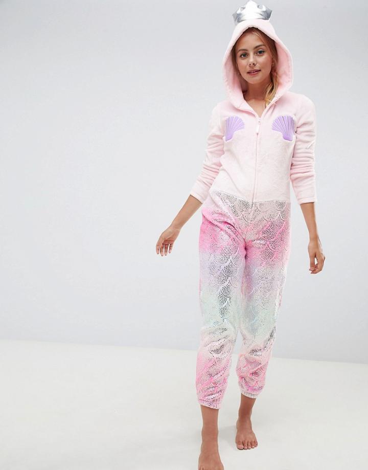 Loungeable Mermaid Metallic Applique Shell Onesie - Pink