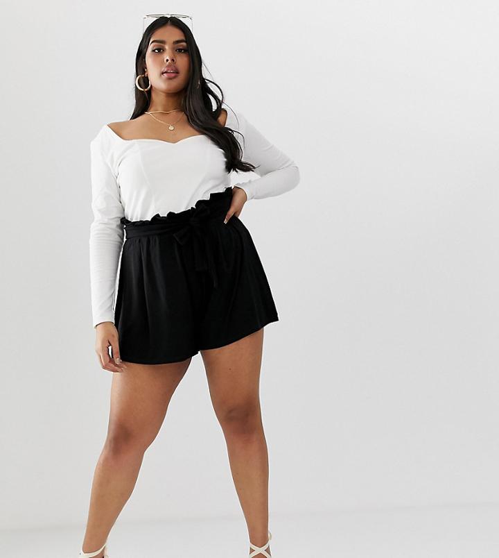 Asos Design Curve Shorts With Paperbag Waist And Tie-black