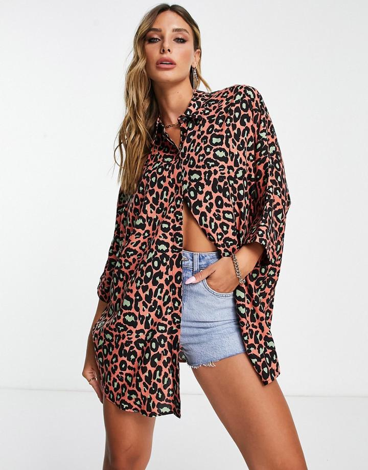 Asos Design Oversized Long Sleeve Shirt In Red Leopard Print-multi