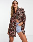 Asos Design Oversized Long Sleeve Shirt In Red Leopard Print-multi
