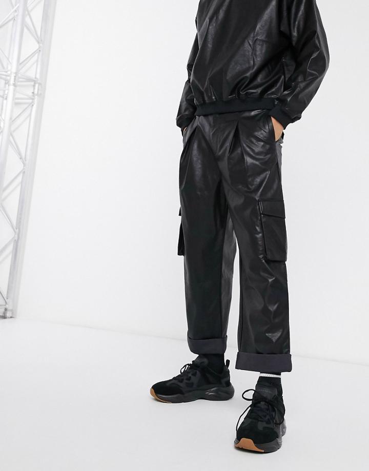 Asos Design Two-piece Balloon Fit Cargo Pants In Faux Leather