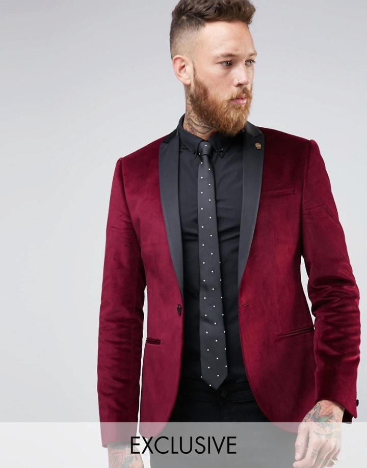 Noose & Monkey Super Skinny Blazer In Velvet With Contrast Collar - Red