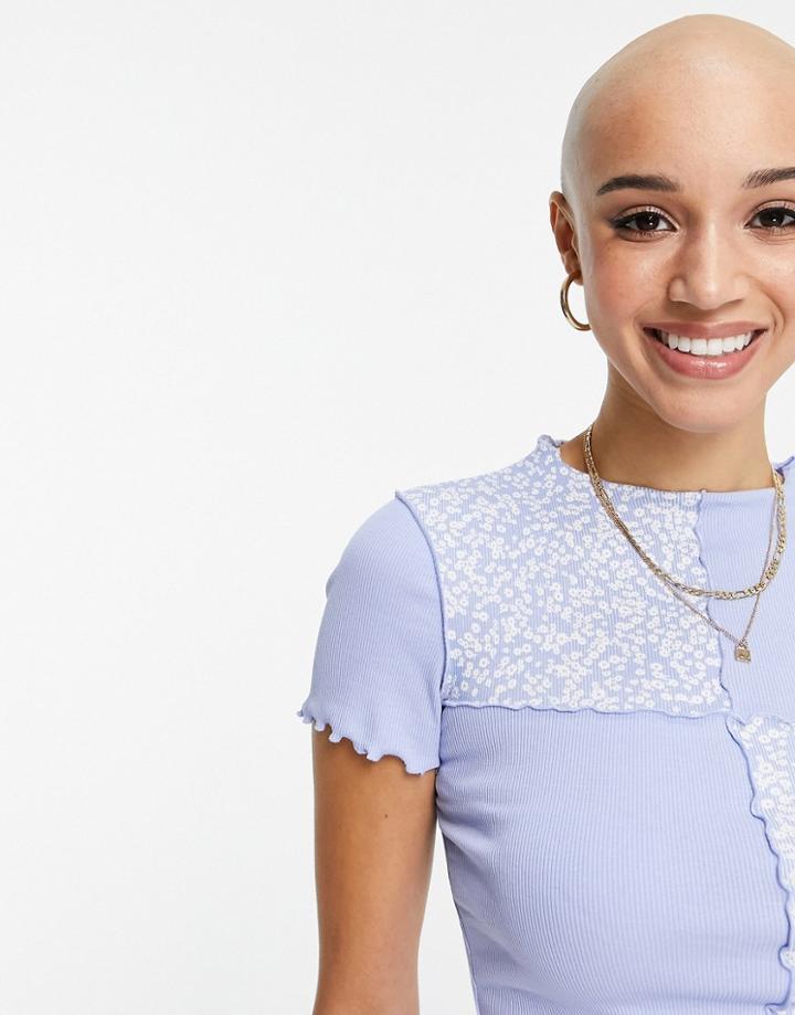 Monki Nova Organic Cotton Floral Patch Lettuce Hem Top In Blue-blues