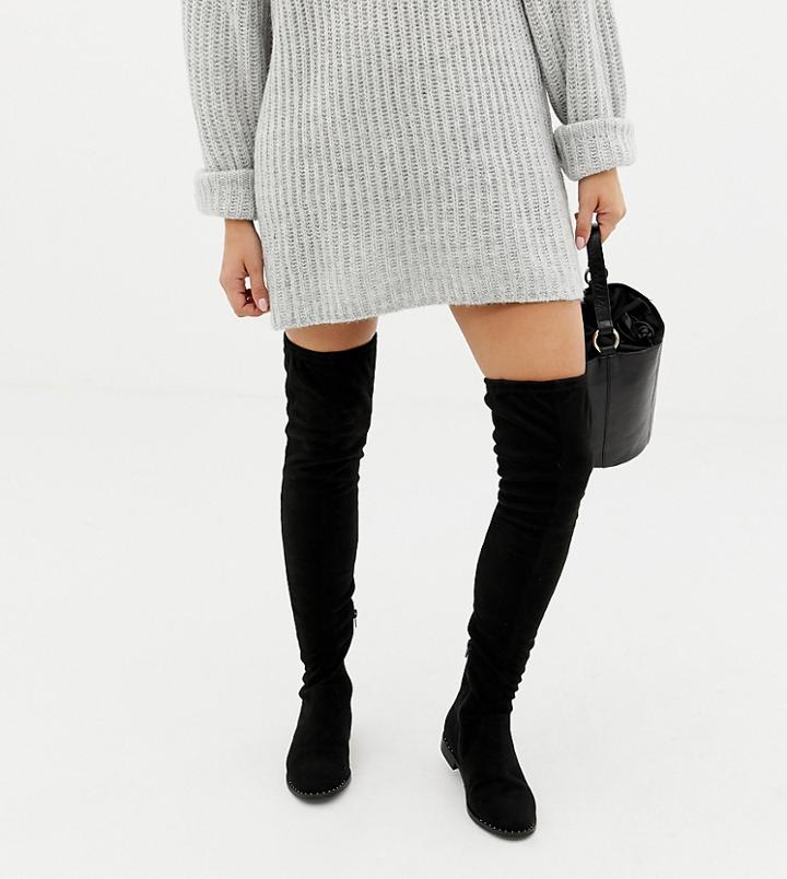 Asos Design Wide Fit Tall Kaska Flat Studded Over The Knee Boots - Black